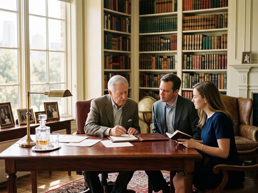 Two people reviewing documents together at a library table