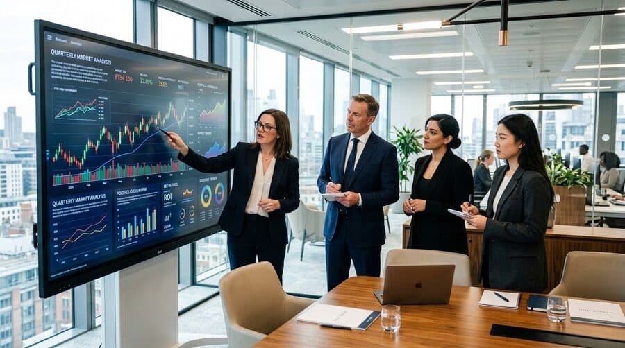 Professionals working together at a shared desk